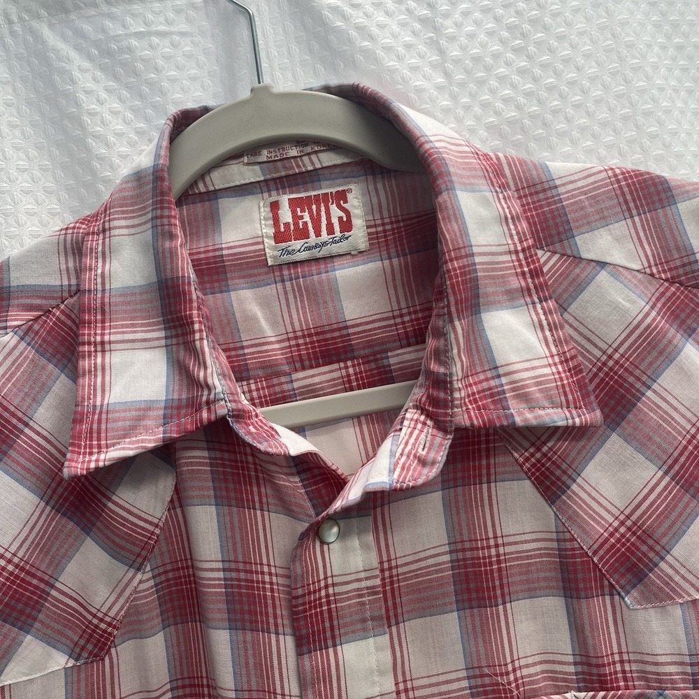 Levi's Vtg Short Sleeve Red Plaid Pearl Snap Cowboy Shirt Large